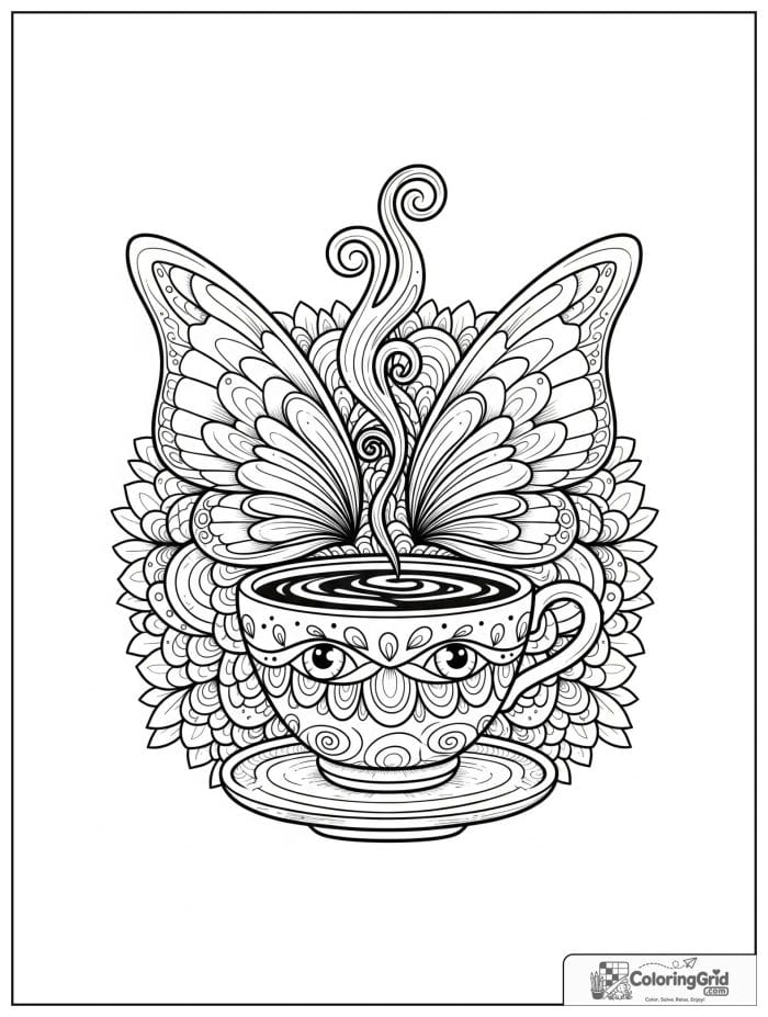 Coffee cup butterfly mandala with steam curls and bean eye-spots.