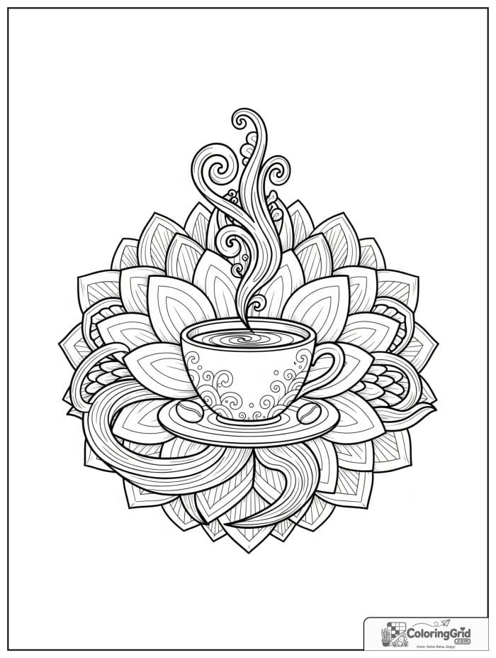 Coffee cup lotus mandala in Zentangle doodle art style.