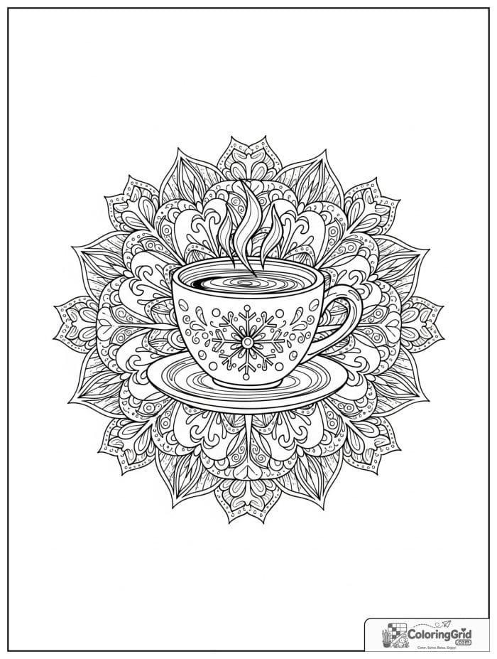 Coffee cup snowflake mandala with warm steam and radial shapes.