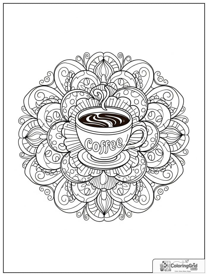 Coffee and cupcake mandala with swirls and bean dots.