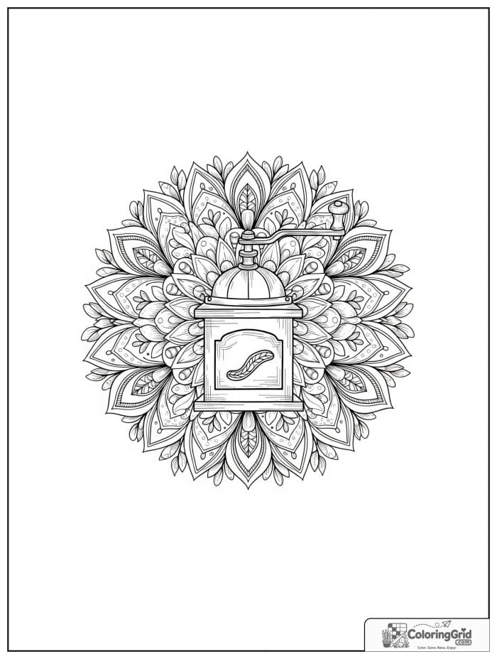 Coffee grinder wheel mandala with bean petals and leaf details.