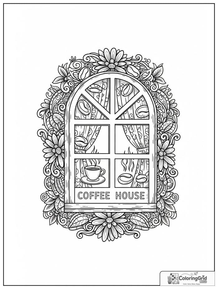 Coffee house window mandala with bean medallions and floral borders.