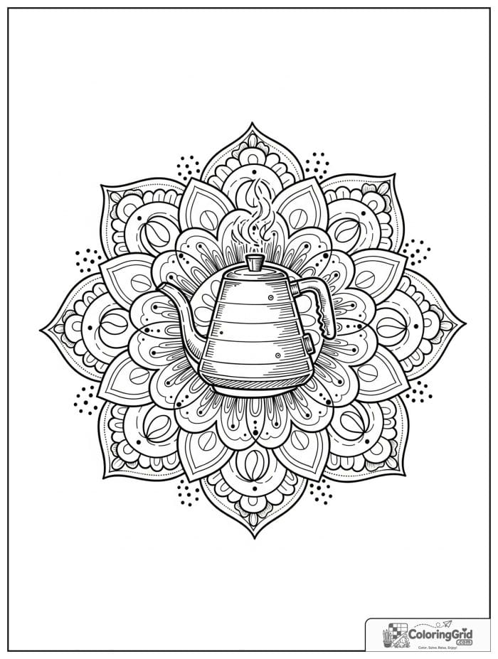 Coffee kettle mandala with petal circles and steam trails.