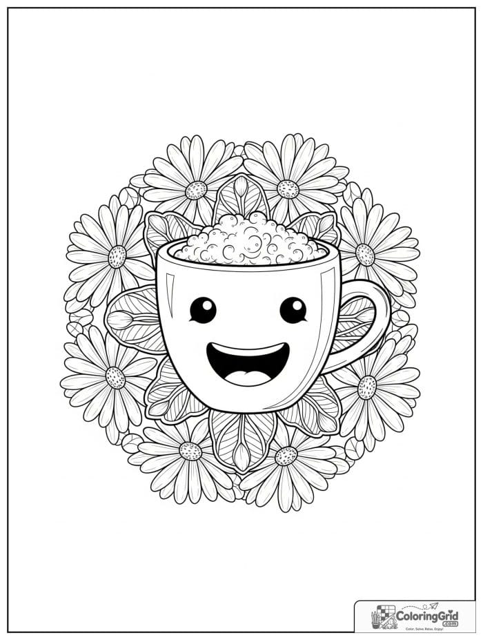 Coffee mug daisy mandala with foam spirals and bean loops.