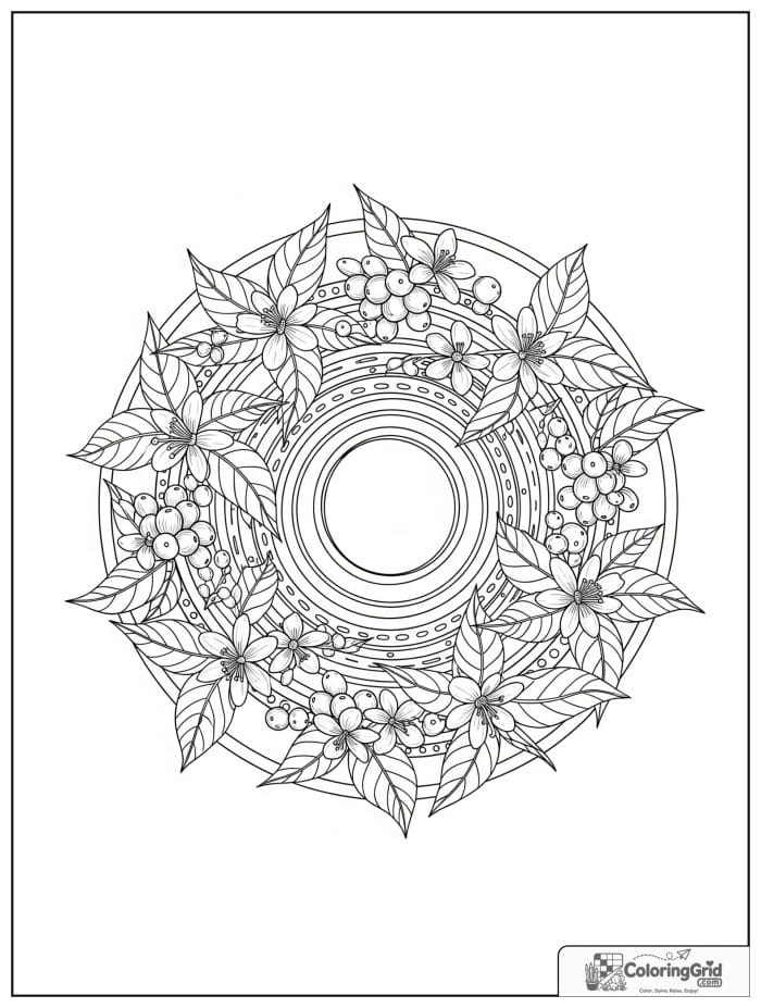 Coffee plant circle mandala with flowers, cherries, and botanical rings.