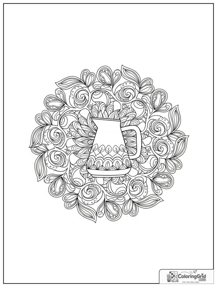 Coffee pot vine mandala with floral loops and bean petals.