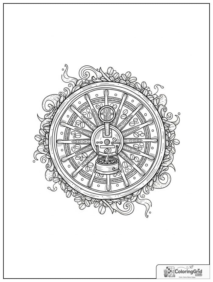 Coffee roaster wheel mandala with smoke-like curls and bean rings.