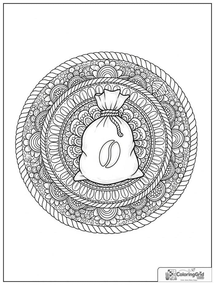 Coffee sack mandala with bean rings and rope borders.