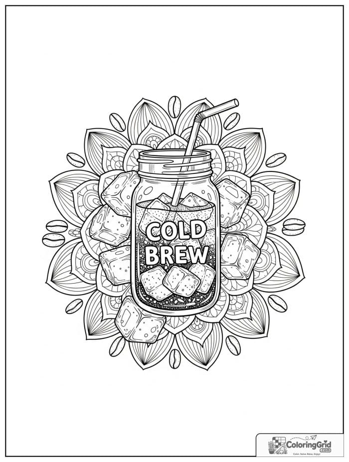 Cold brew jar mandala with geometric rings and coffee bean petals.