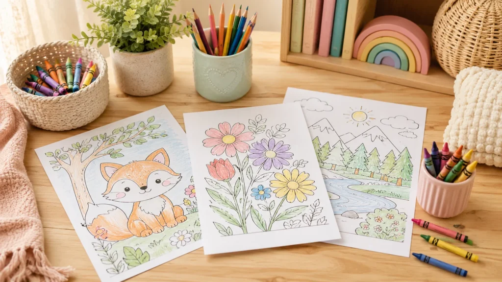 Kids coloring pages with crayons for calm screen-free creative time