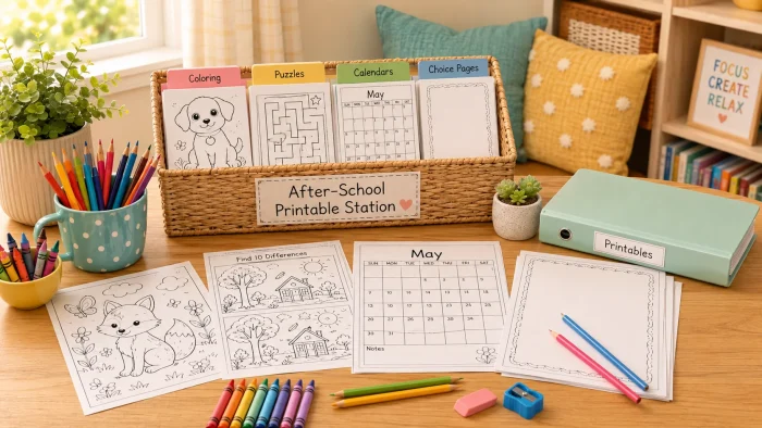 Cozy table with animal coloring pages, nature coloring sheets, crayons, markers, and colored pencils