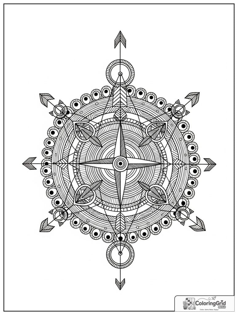 Compass rose sacred geometry mandala with zentangle line fills