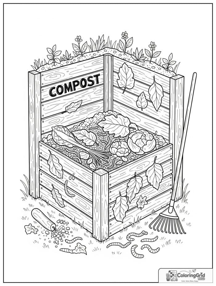 Garden coloring page featuring a compost corner with garden tools.