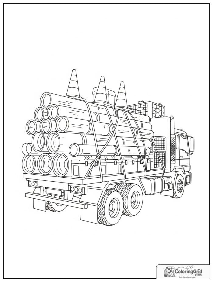 Truck coloring page featuring a construction crew truck loaded with tools.