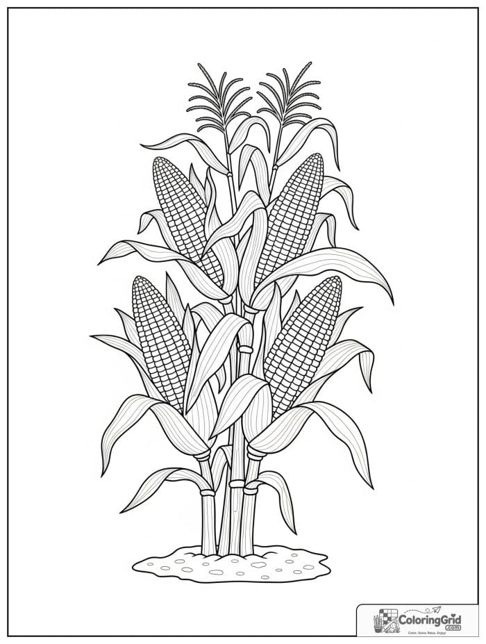 Vegetable coloring page featuring corn stalks and ears of corn.