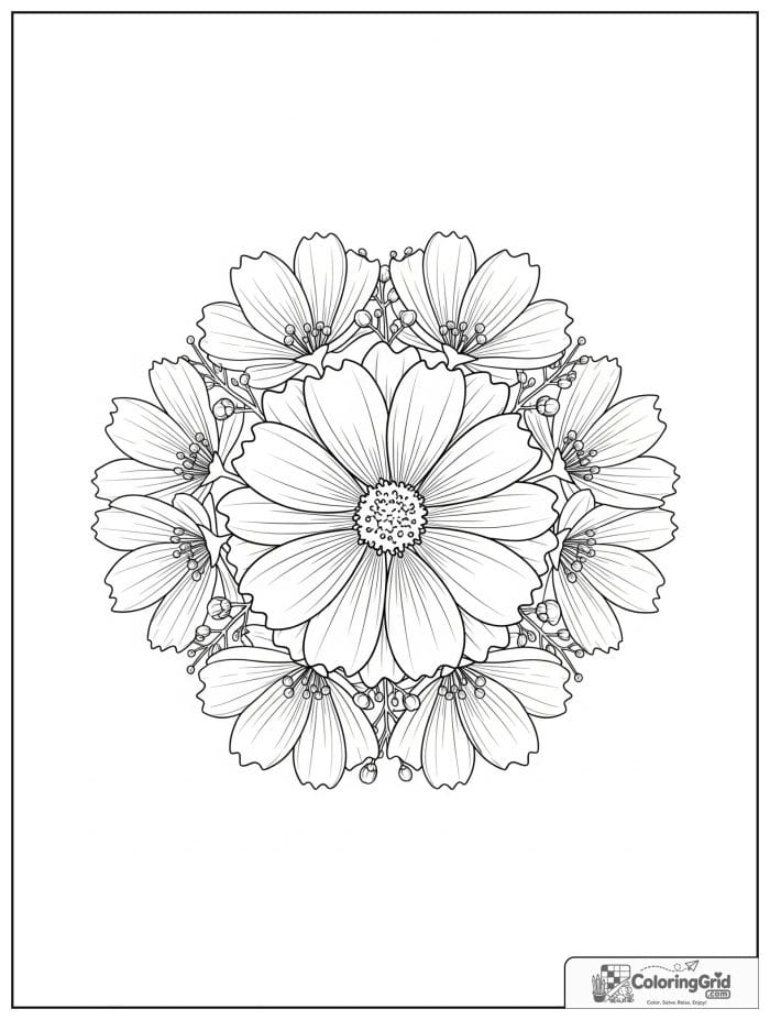 Flower mandala with cosmos blossoms and airy petals.