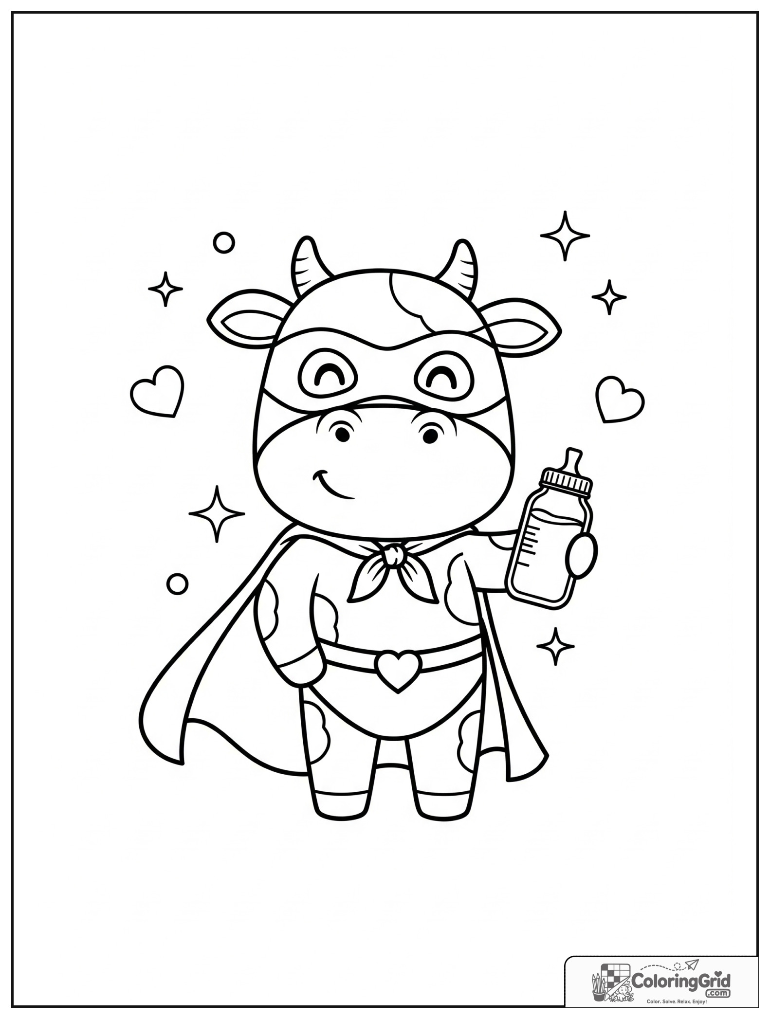 Cute cow superhero holding a milk bottle with small heart and sparkle details.