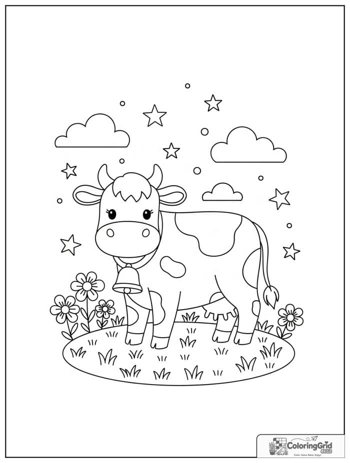 Friendly cow wearing a neck bell in a meadow.
