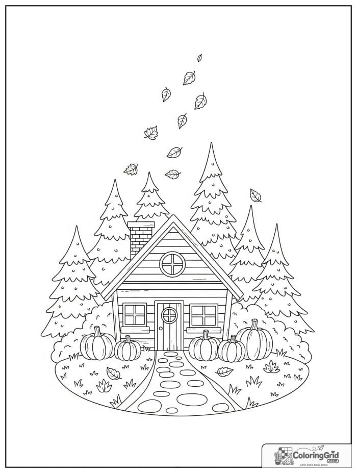 Fall Coloring Pages showing a cozy cabin with fall trees.