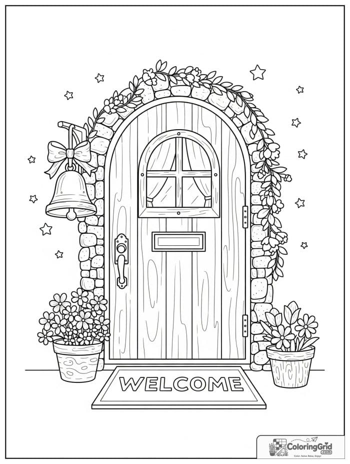 Cozy cottage doorway with a hanging bell.