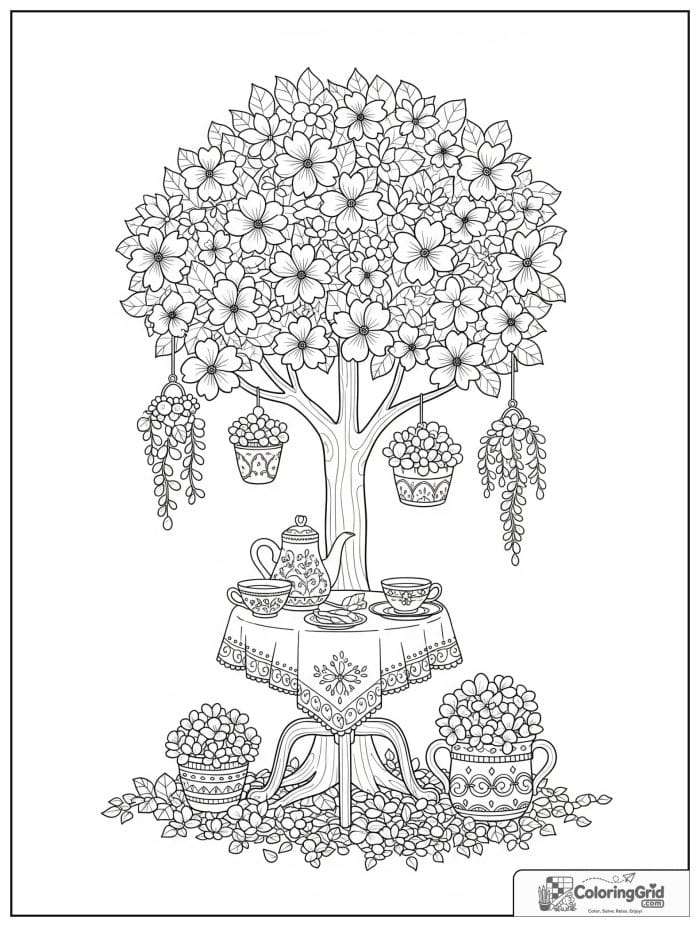 Cozy cottagecore flowering tree with a tea table underneath.