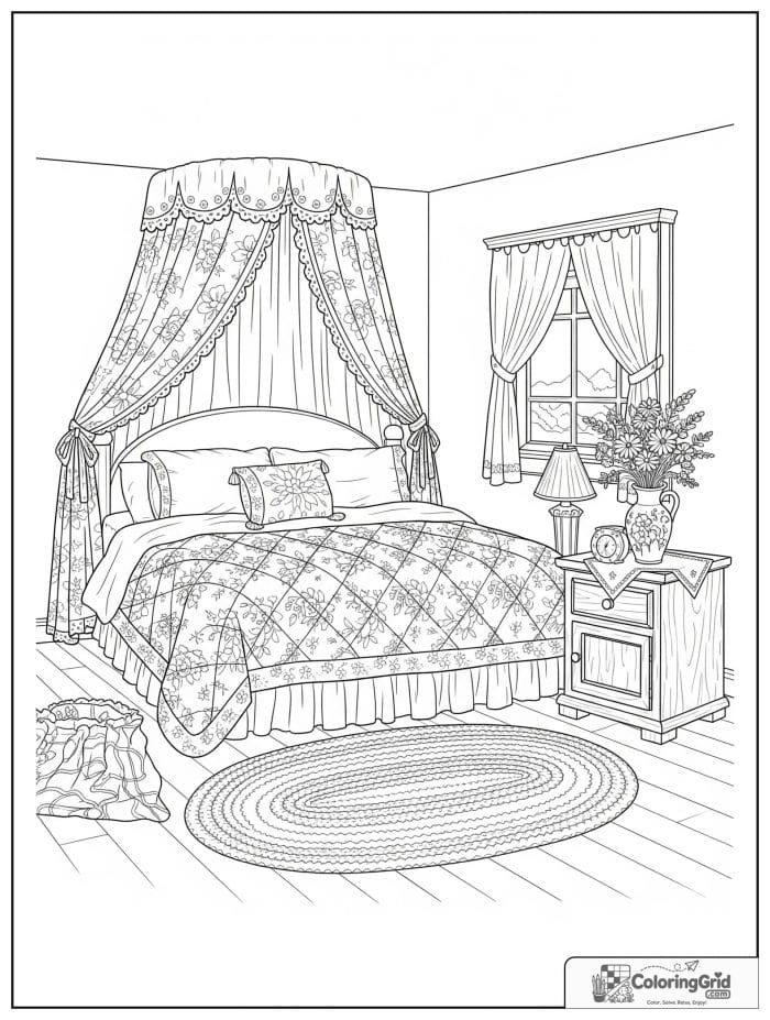 Cozy cottagecore adult bedroom with canopy bed and floral quilt.