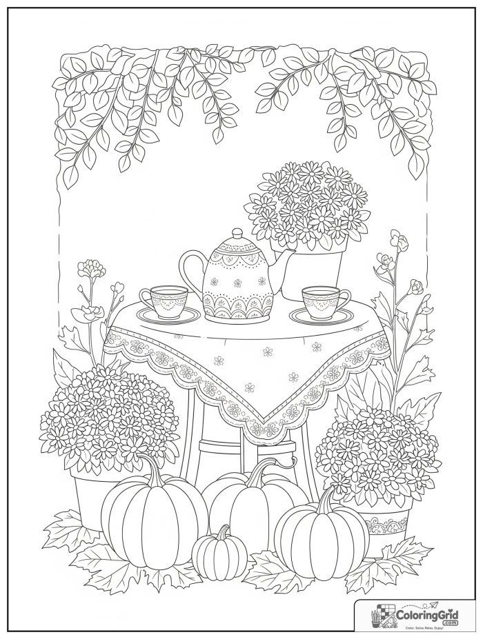 Cozy cottagecore fall tea garden with pumpkins, teapot, and mums.