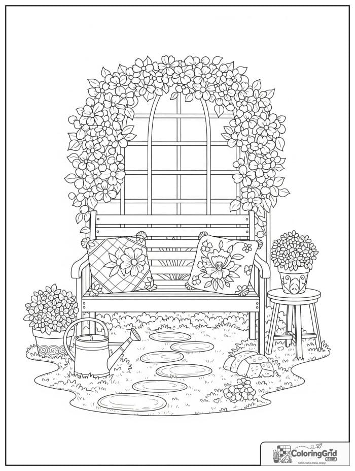 Cozy cottagecore adult garden bench under a flowering trellis.