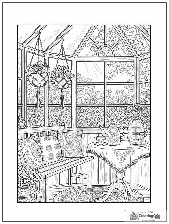 Cozy cottagecore adult greenhouse tea nook with flowers and a wooden bench.