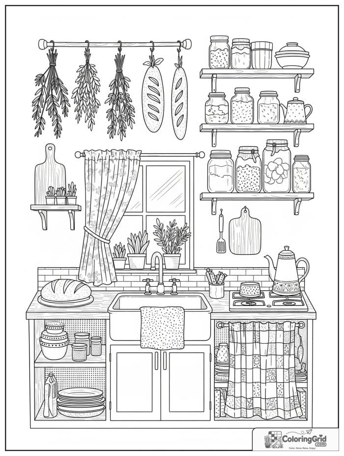 Cozy cottagecore adult kitchen with herbs, bread, and jars.