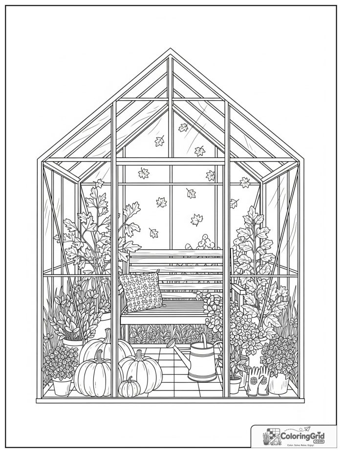 Cozy cottagecore fall greenhouse with bench, plants, and pumpkins.