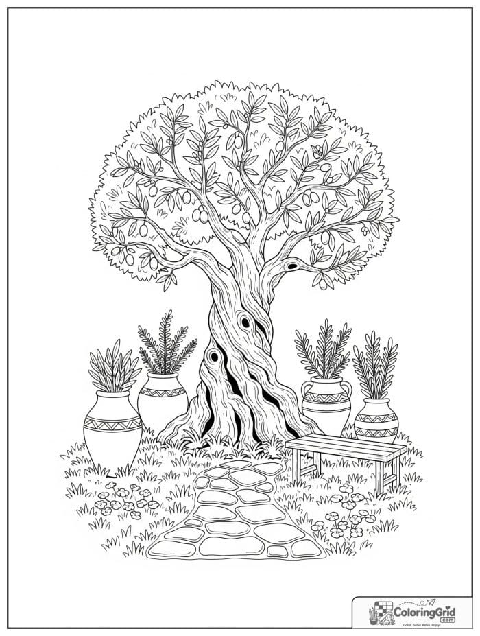 Cozy cottagecore olive tree with a stone path and clay pots.