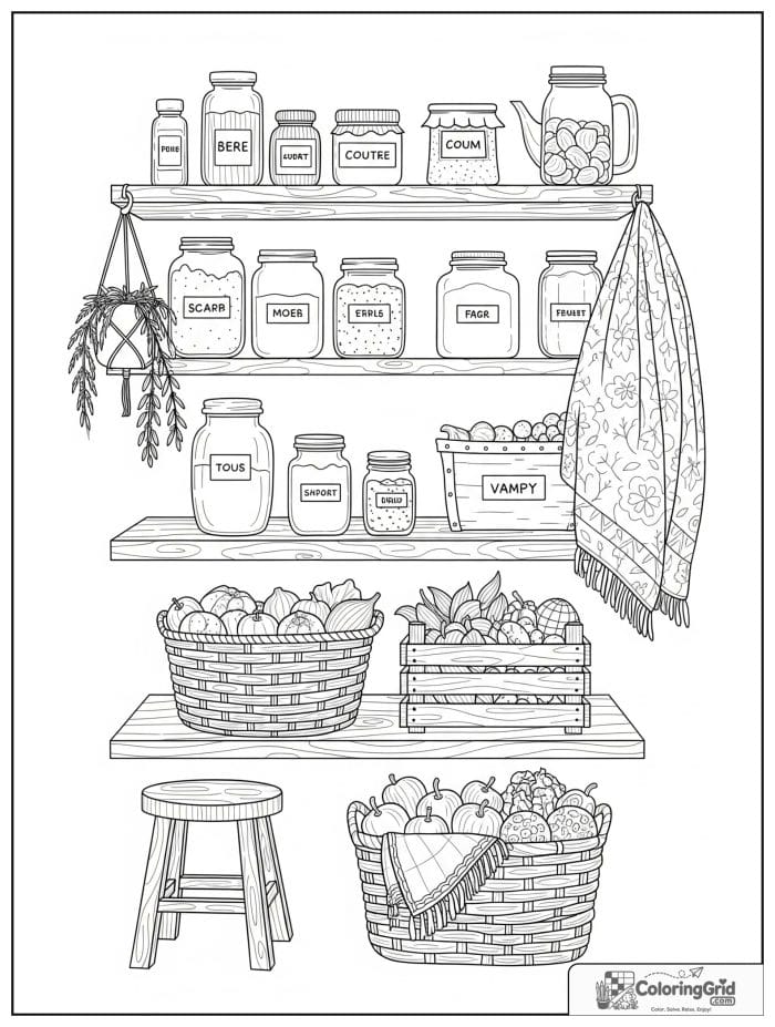 Cozy cottagecore adult pantry with jars, herbs, baskets, and produce.