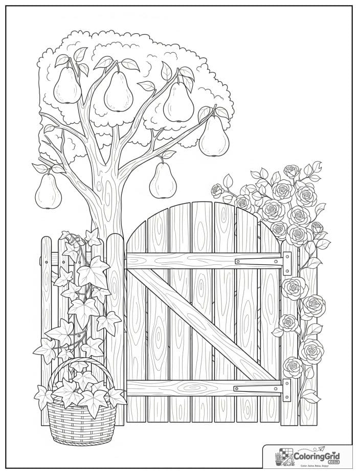 Cozy cottagecore pear tree near a garden gate.