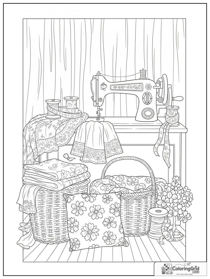 Cozy cottagecore adult sewing room with vintage machine and ribbon spools.