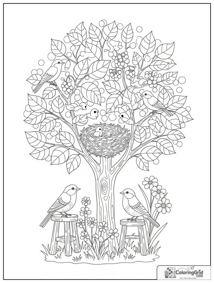 Cozy cottagecore leafy tree with a bird nest and flowers.