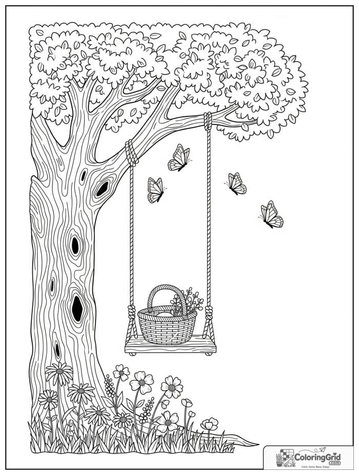 Cozy cottagecore tree with a rope swing and wildflowers.
