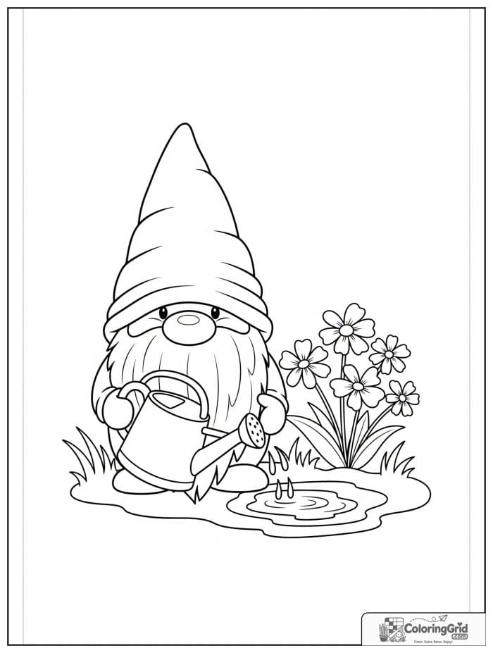 Gnome Coloring Pages showing a garden gnome with a watering can.