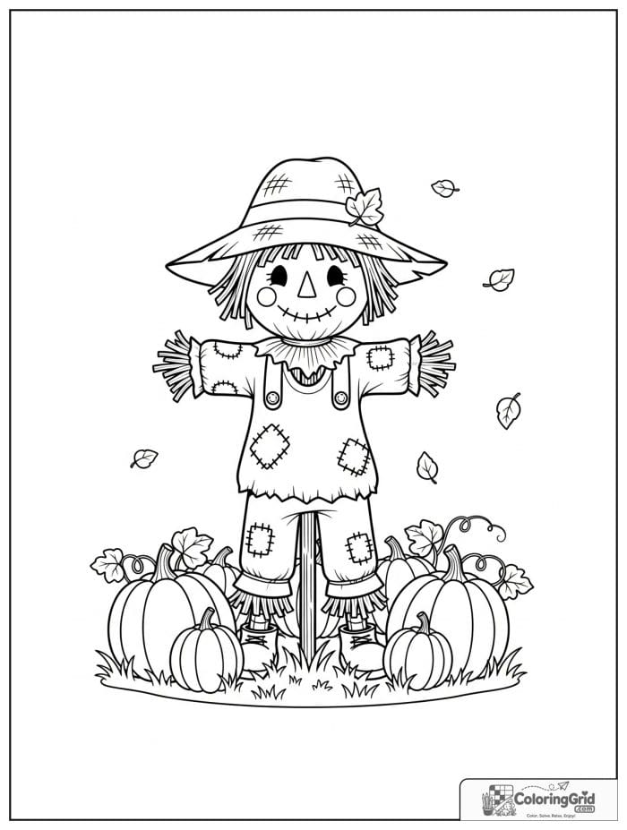 Fall Coloring Pages showing a cozy scarecrow in a pumpkin patch.
