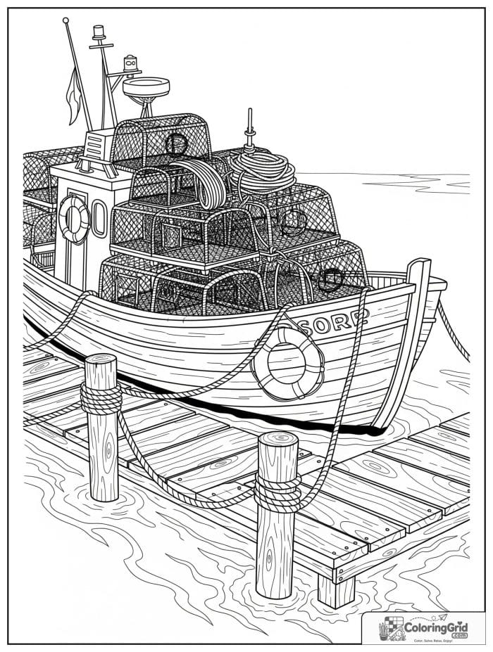Boat coloring page featuring a crab trap boat at the dock.