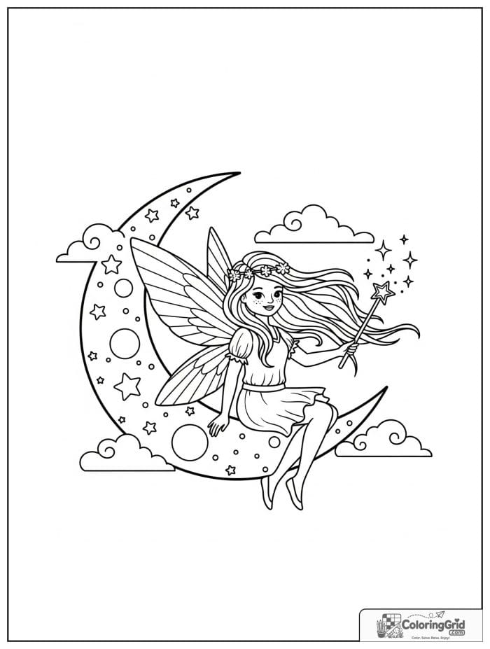Fairy coloring page featuring a fairy sitting on a crescent moon.