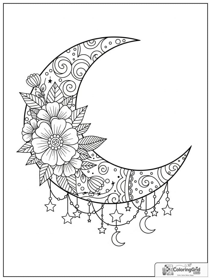 Boho coloring page featuring a floral crescent moon.