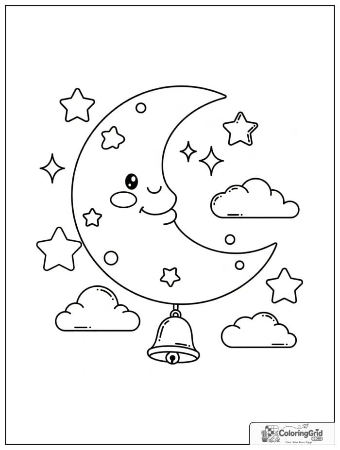 Crescent moon with a tiny hanging bell.