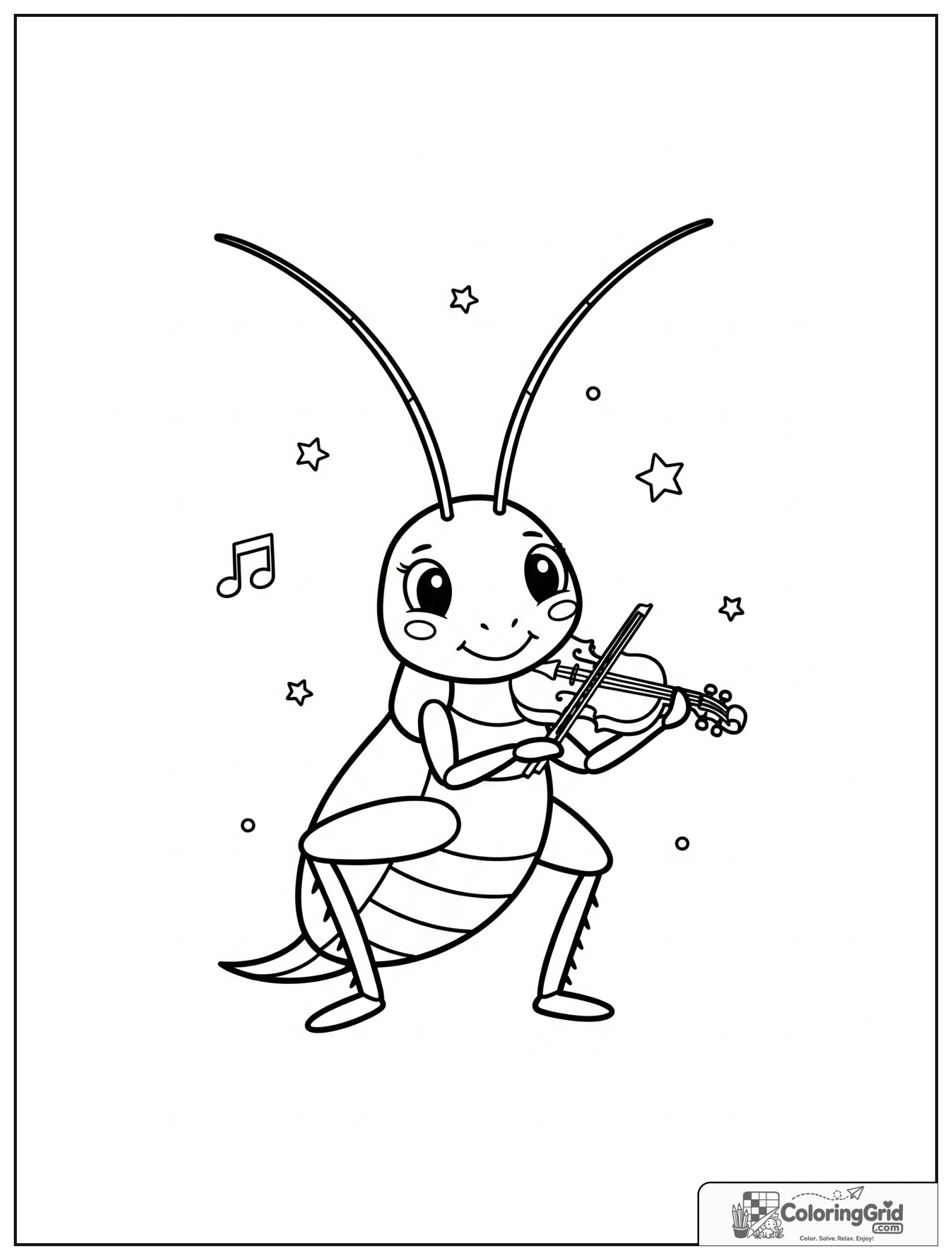 Cute cricket with a violin and small music note decorations.