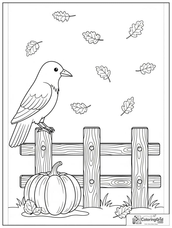 Fall Coloring Pages showing a crow on a fence by a pumpkin.