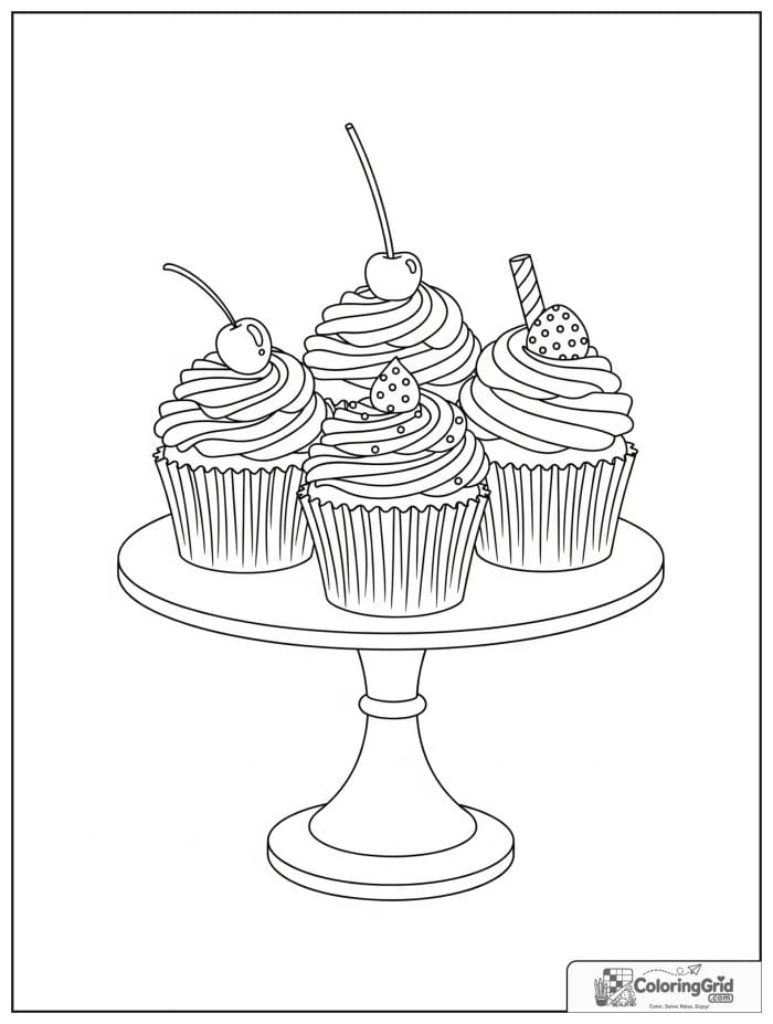 Cupcake stand with three cupcakes for Cupcake Coloring Pages
