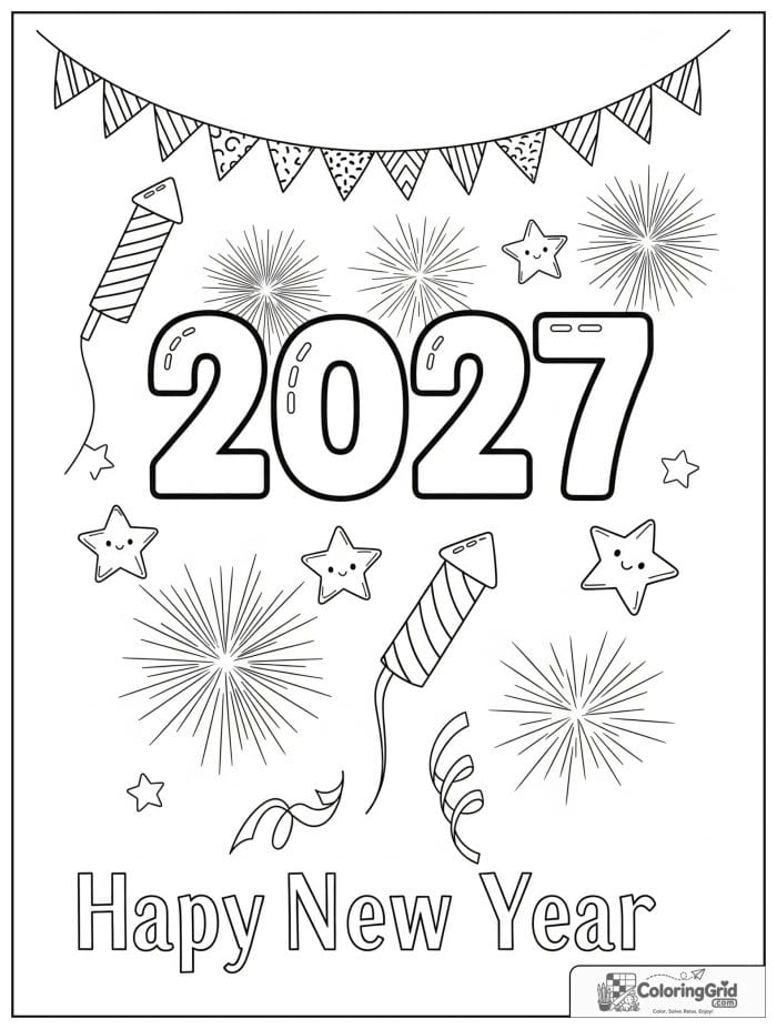 Cute 2027 New Year scene with fireworks and streamers.