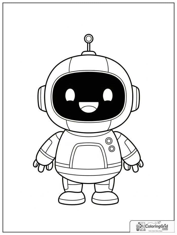 Cute baby robot with a happy smile and rounded body.