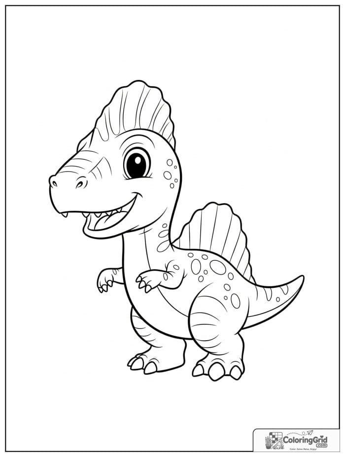 Cute baby spinosaurus with a smiling face and a small back sail.