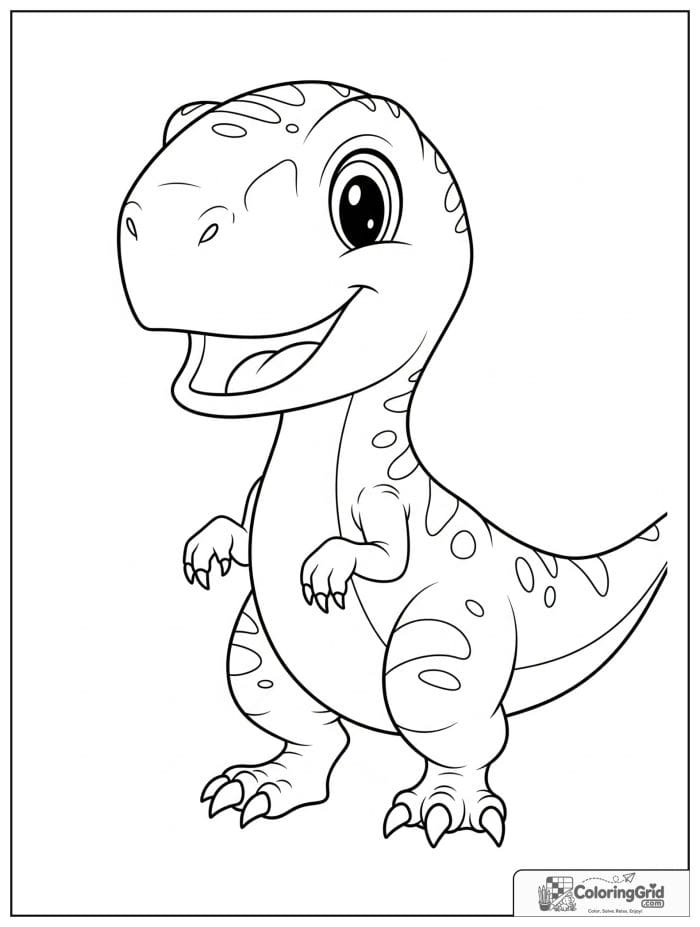 Velociraptor coloring page featuring a cute smiling baby velociraptor.
